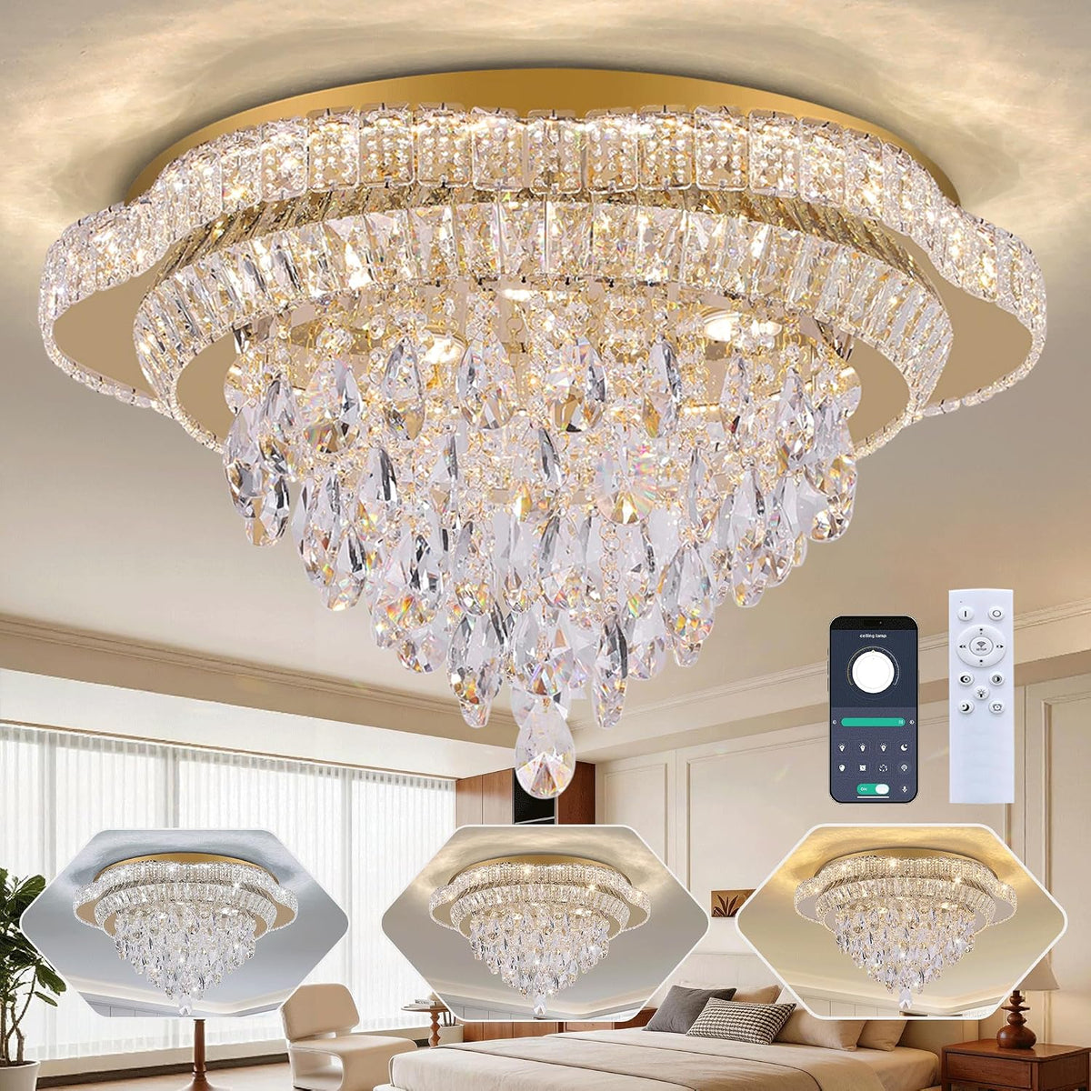 24 Inch App-Controlled Crystal Chandelier with Remote, Modern