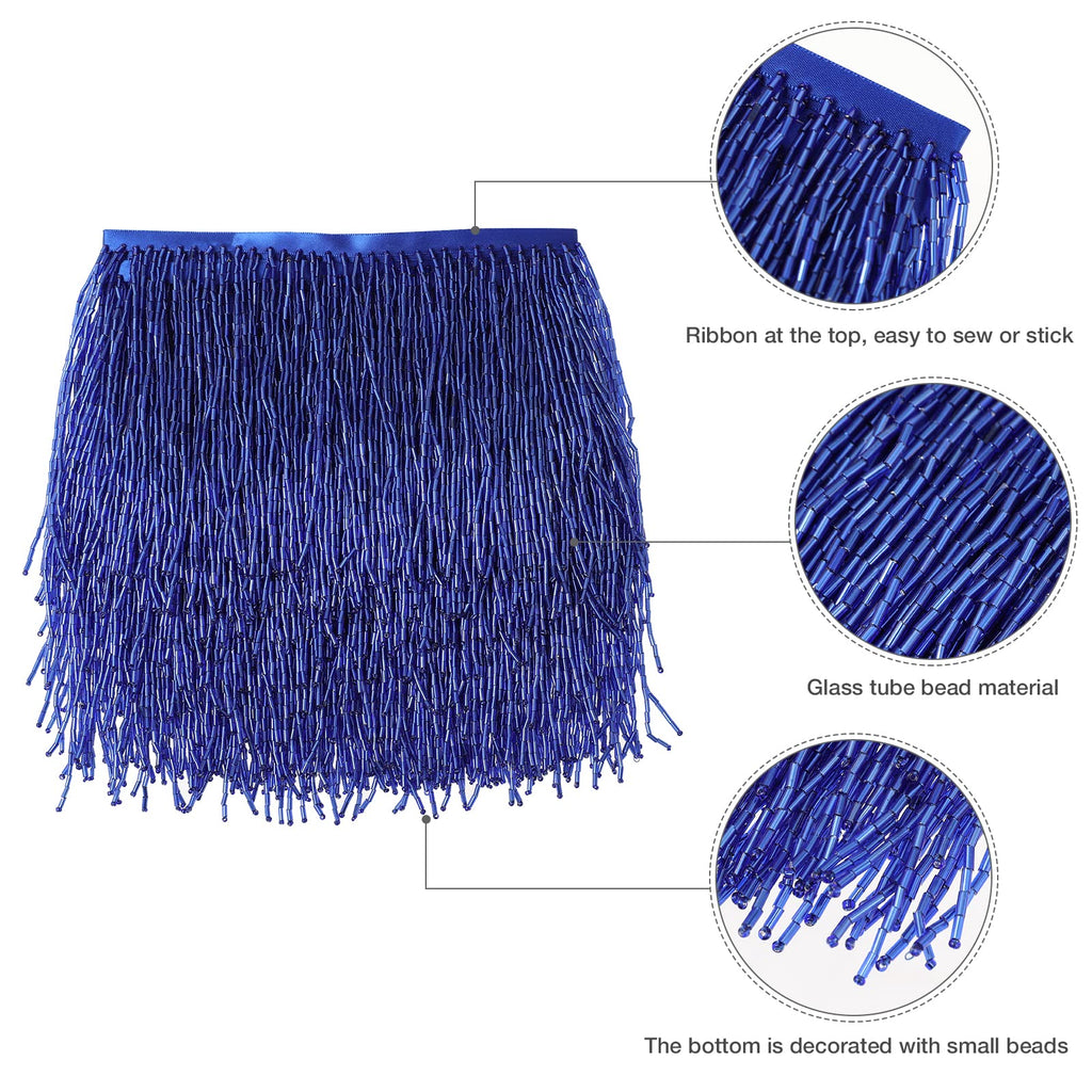 Beaded Fringe Trim for DIY Sewing Craft, 6in Wide, Royal Blue - 1 Yard