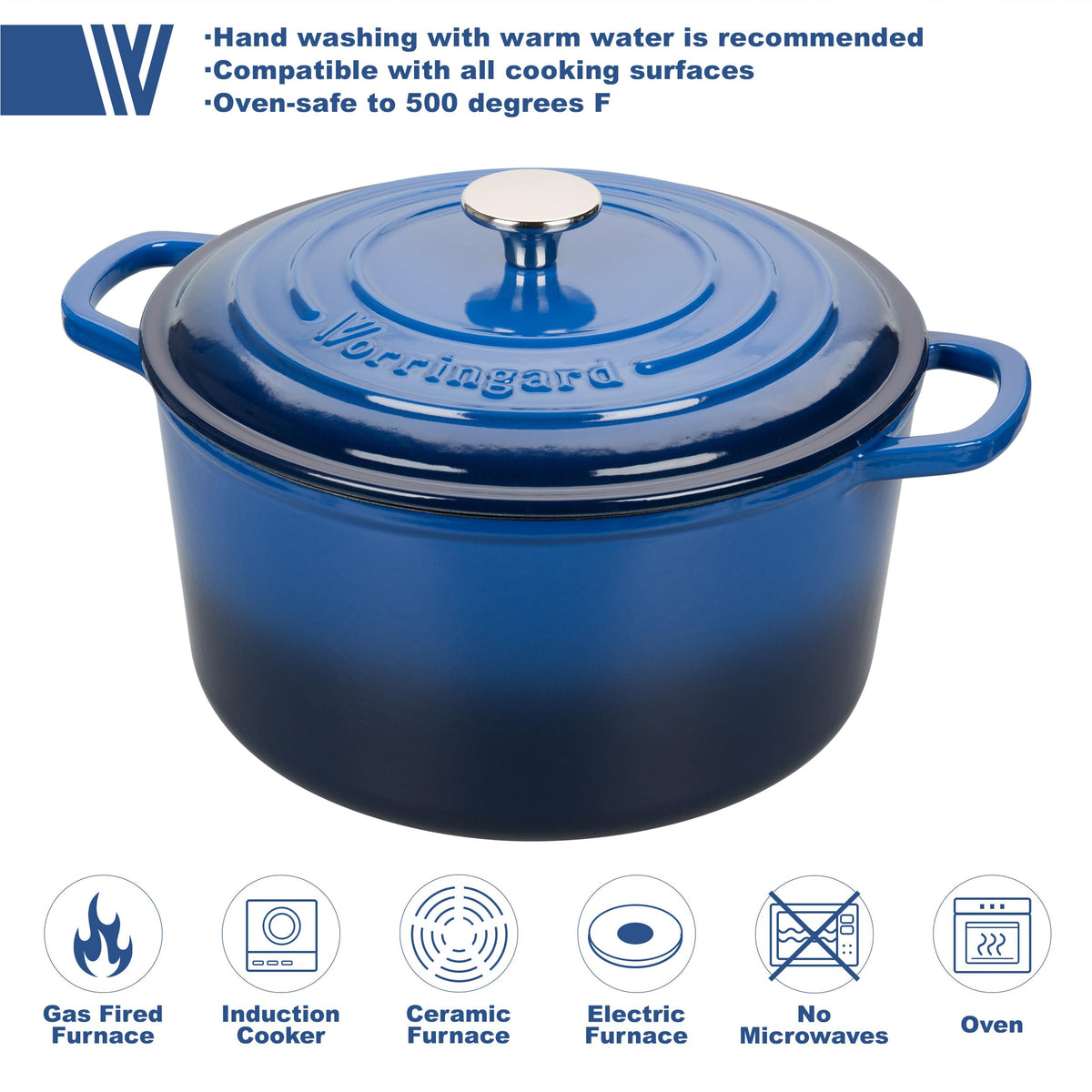 Enameled Cast Iron Dutch Oven Pot with Lid, for Sourdough Bread Baking, Round Dutch Ovens, 6 Quart, Blue