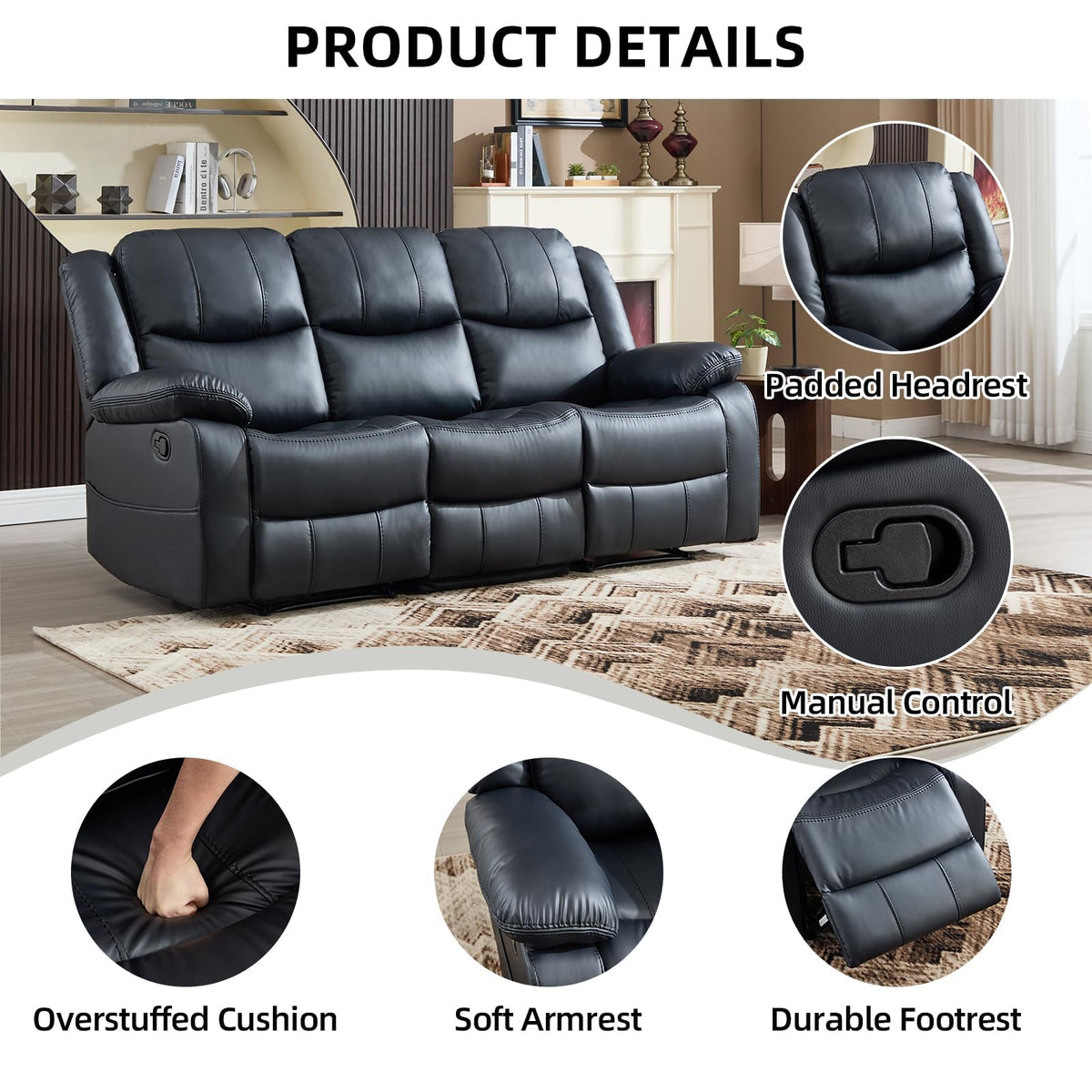 Faux Leather Manual Living Room Furniture Set, Includes 1 Reclining 1 Seat Chair and Two 3 Seat Couch, Mid-Century