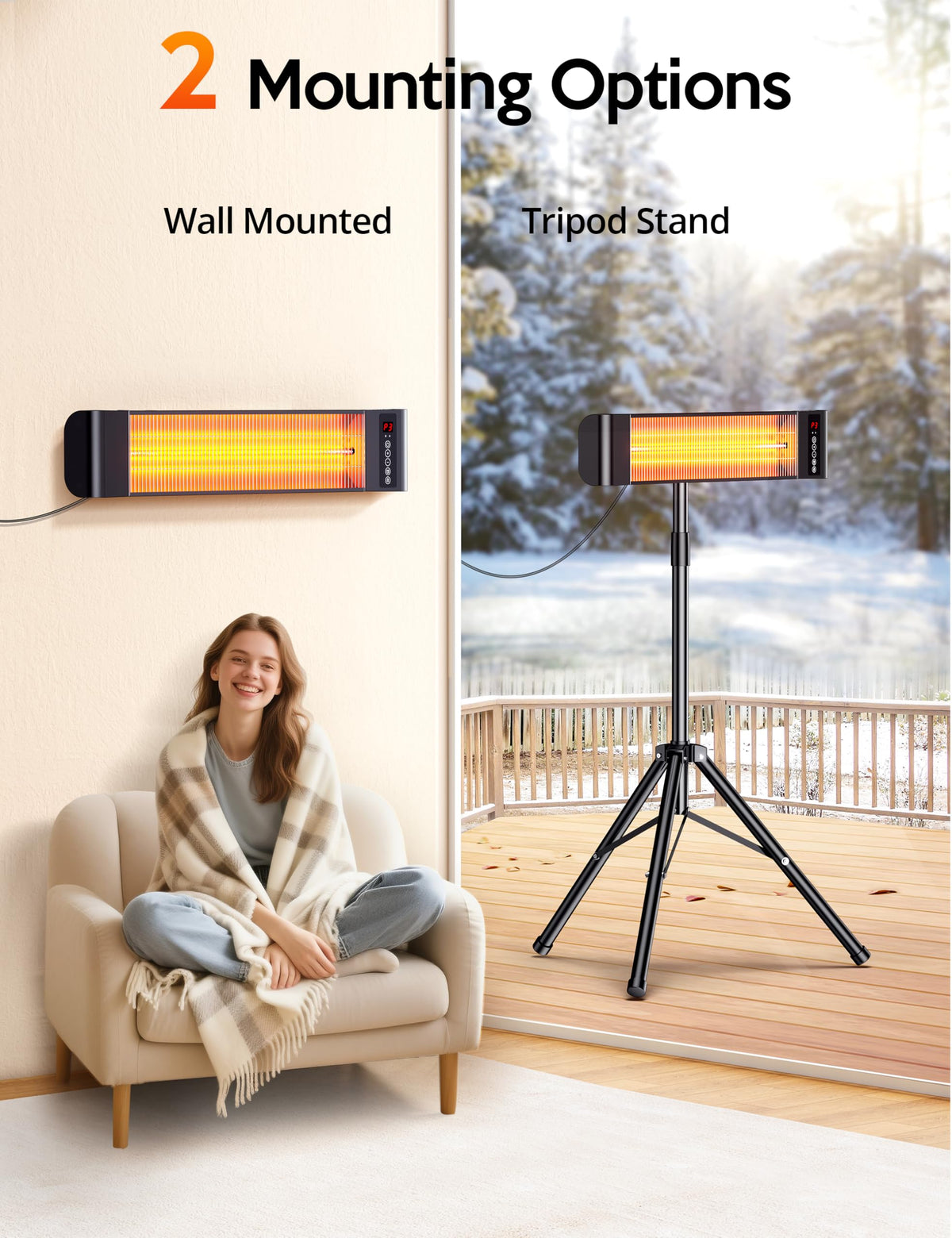 Outdoor Heaters, Electric Infrared Patio Heater with Remote and 12H Timer, IP65 Waterproof, 3 Heat Levels, Wall Mount