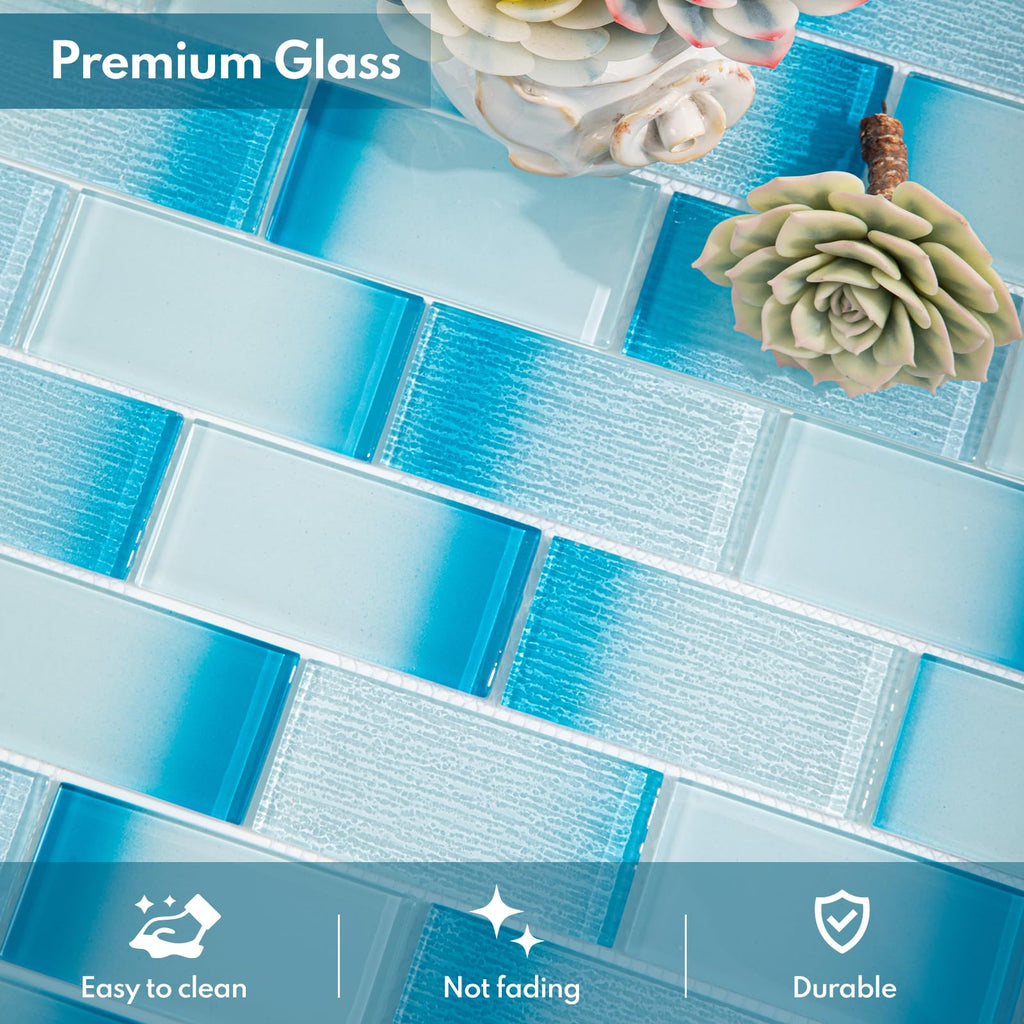 Glass Subway Mosaic Tile, Gradient Blue Backsplash, 12x12, 5 Sheets