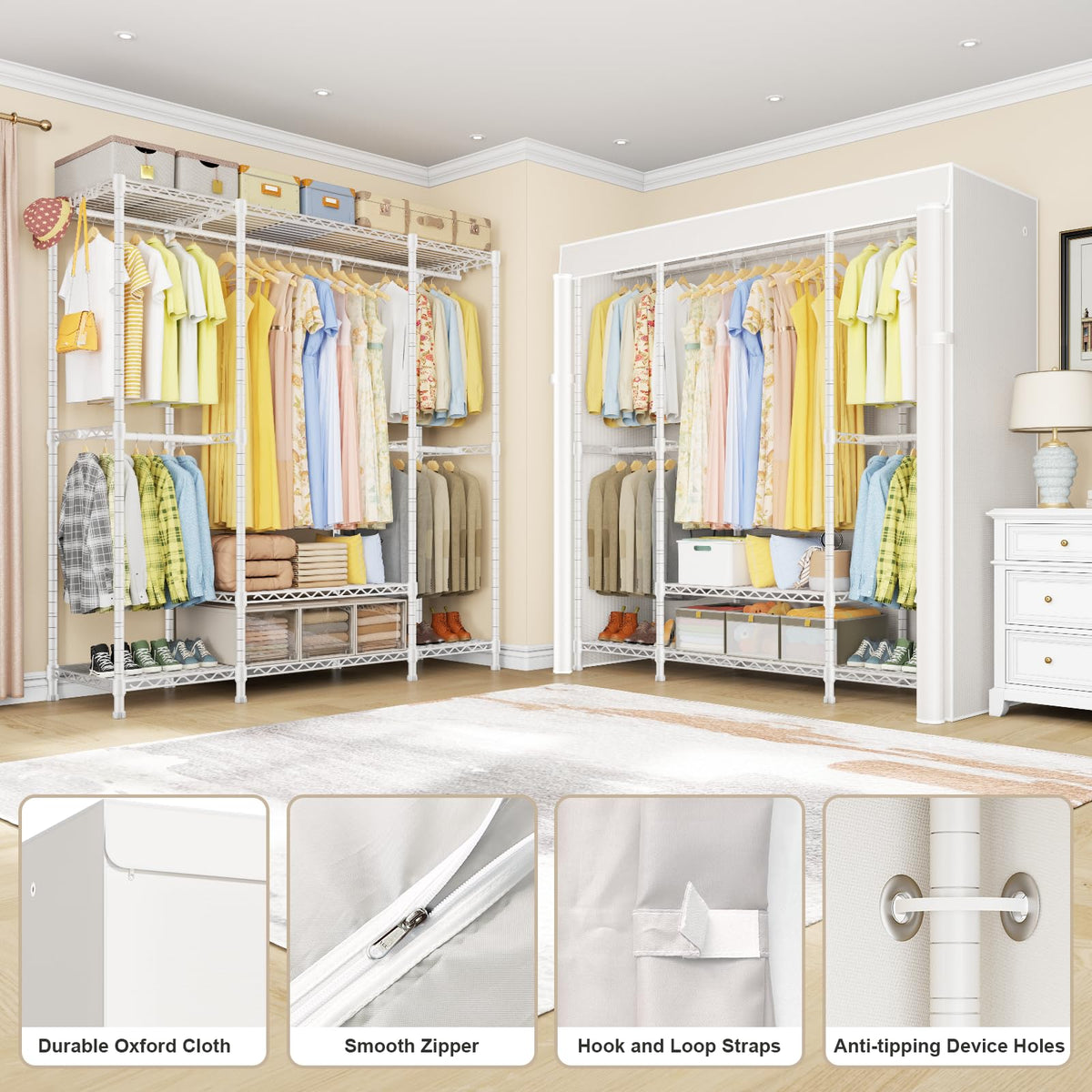 E3C White Clothes Rack with Beige Cover, Heavy Duty Garment Rack