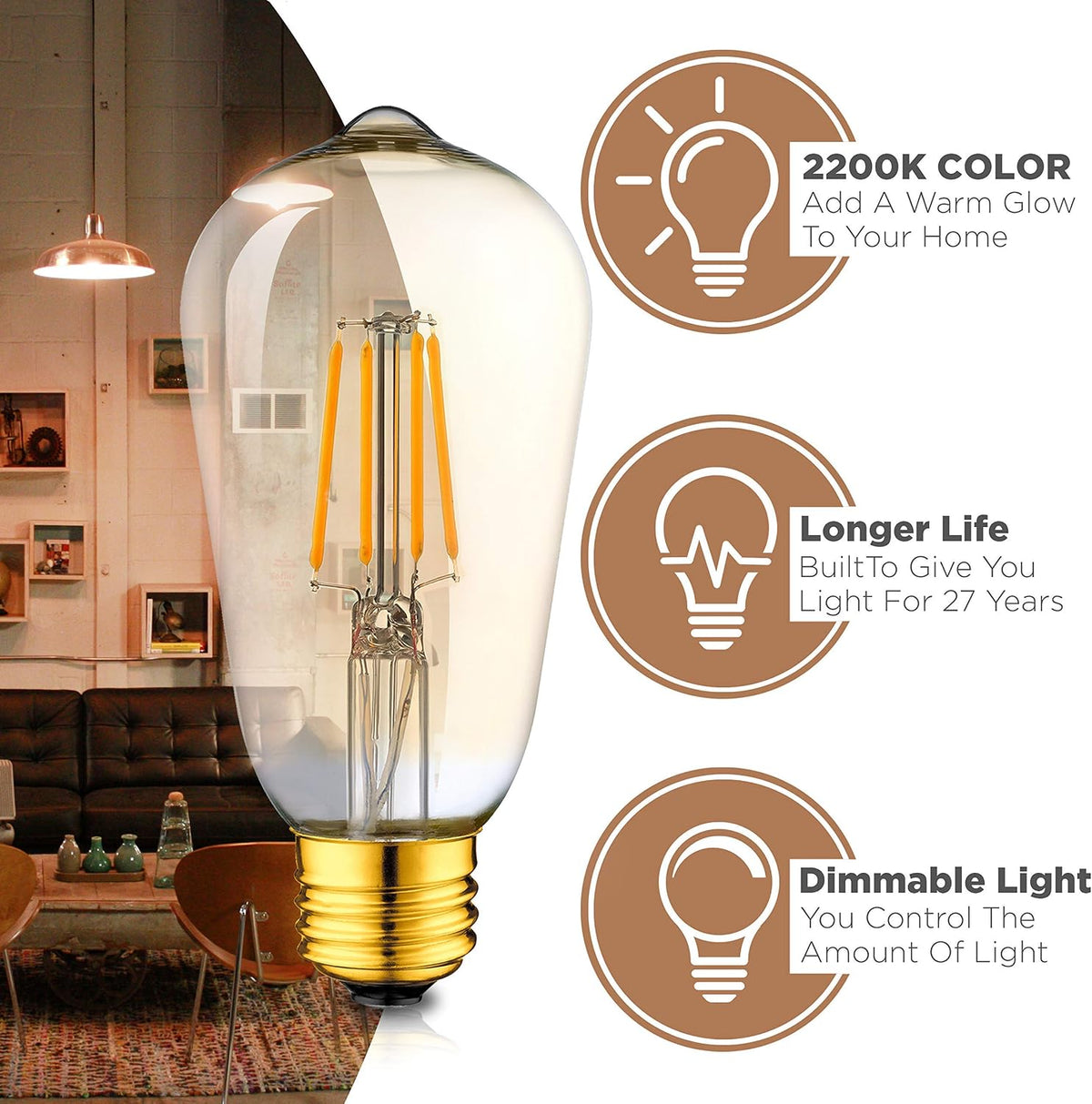 Vintage LED Edison 4W Bulbs - 2200K Dimmable Warm Illumination (40W Equivalent) - E26/27 Amber-Gold Tint