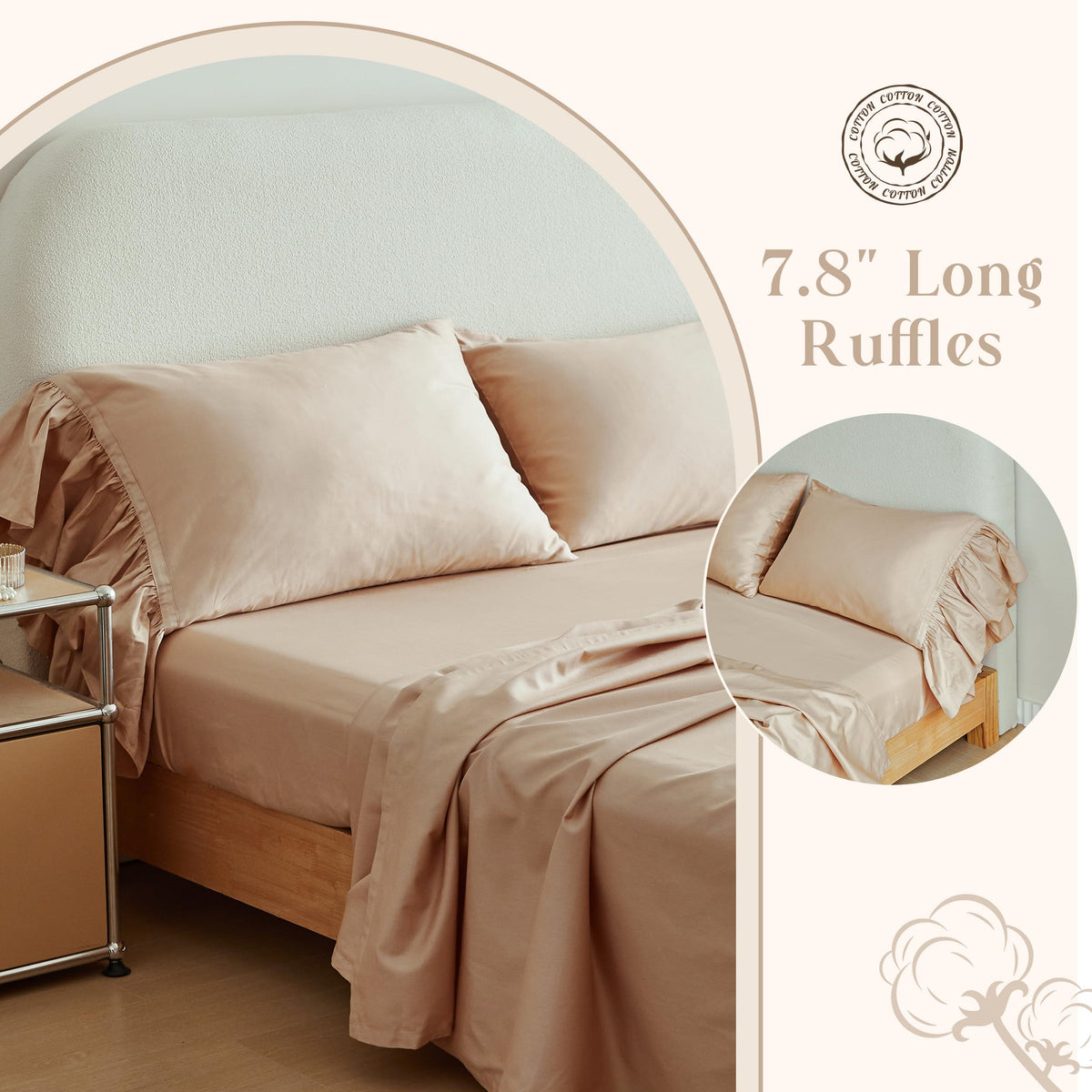 100% Organic Cotton Sheet Set, Long Ruffle Bed Sheets (1 Flat Sheet, 1 Fitted Sheet and 2 Pillowcases) Elegant Shabby