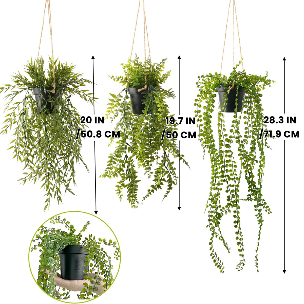 3 Packs 28" Fake Hanging Plants with Black Pots for Wall Decor