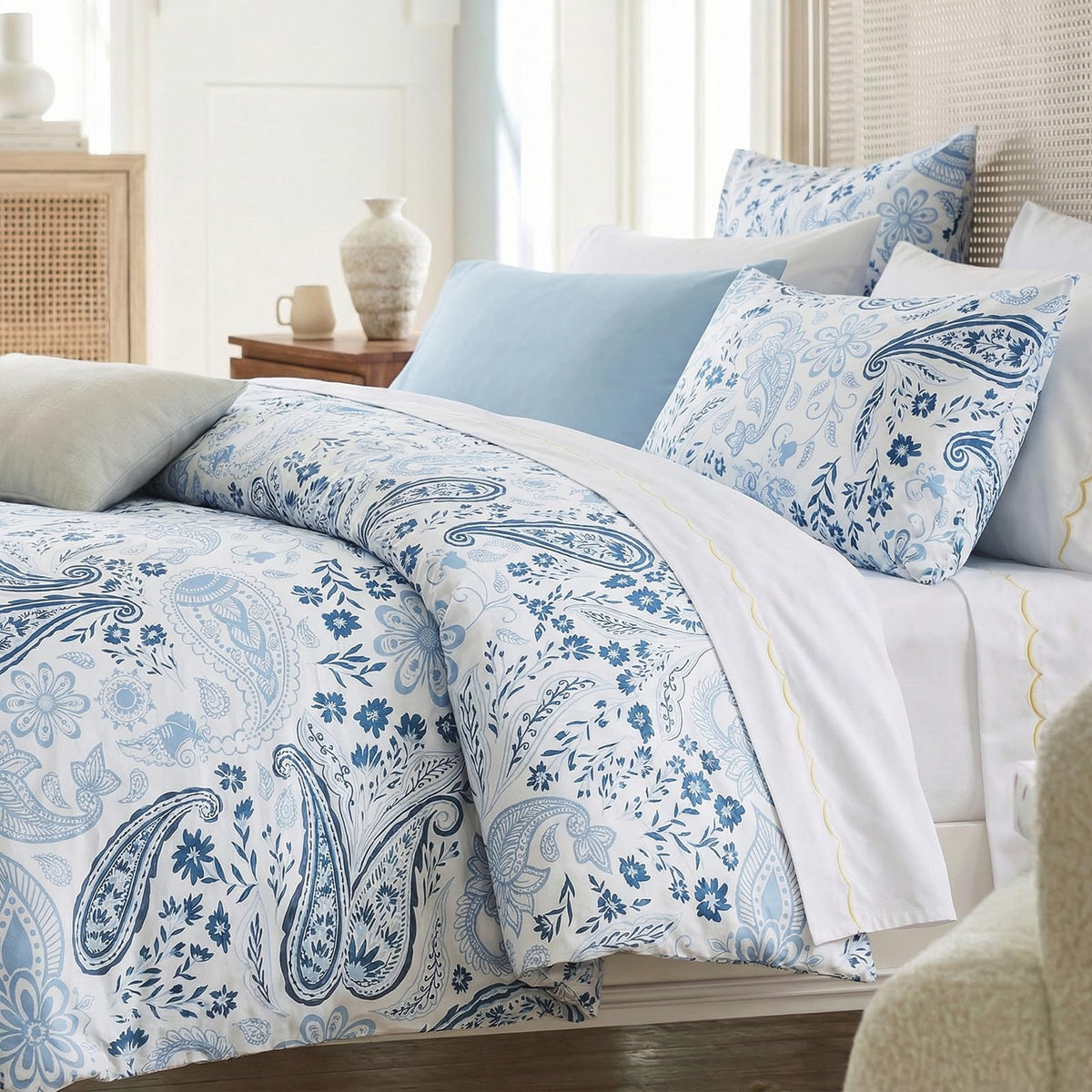 100% Cotton Duvet Cover Set Blue Paisley Bedding Set King Vintage Paisley Floral Design Boho Chic Bedding 3 Pcs Soft