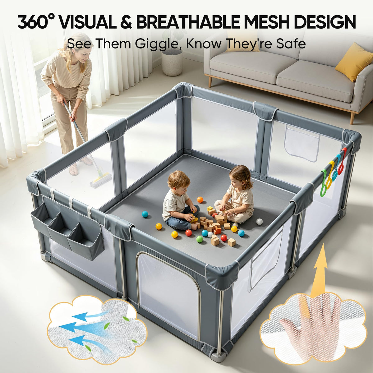 Foldable Baby Playpen 59x71 with Mat, Portable Play Yard
