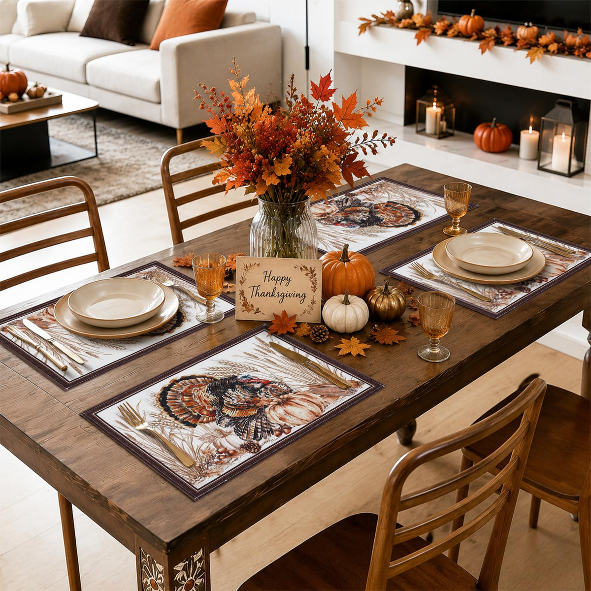 Thanksgiving Placemats 12 x 18 Inch Set of 6, Fall Autumn Harves Turkey Pumpkin Place Mats for Dining Table
