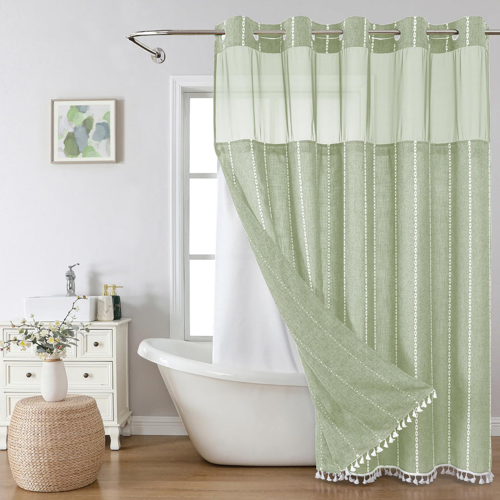 No Hook Extra Long Shower Curtain Set with Snap-in Liner, Linen Textured Thick Striped Fabric with Tassels, Boho Chic