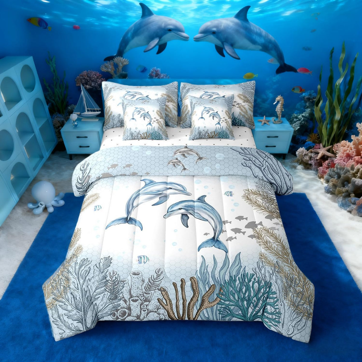 Dolphin Bed In A Bag 7 Piece Teal Blue Sea Coastal Comforter