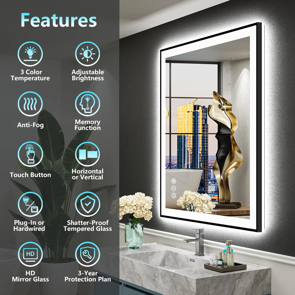 32x36 Black LED Bathroom Mirror, Backlit & Front Lit Lighted Mirror