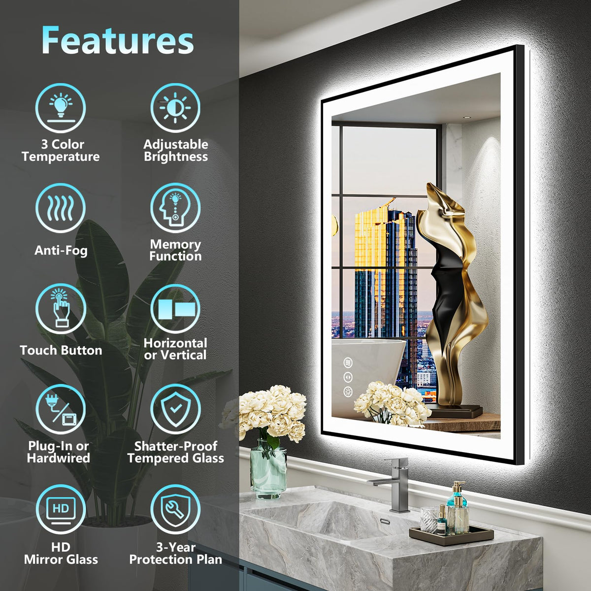 32x36 Black LED Bathroom Mirror, Backlit & Front Lit Lighted Mirror