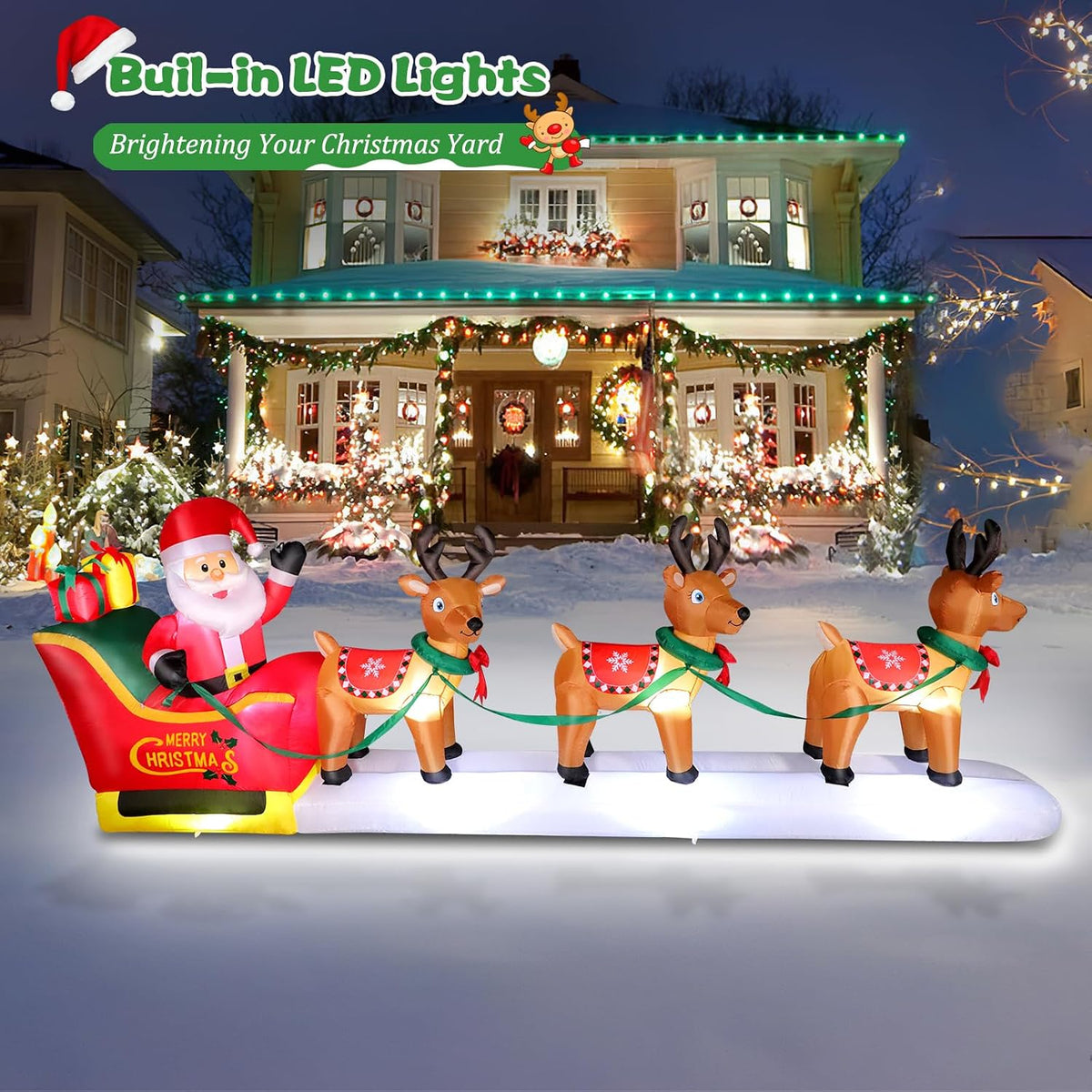12 FT Long Christmas Inflatables Santa Claus with Reindeers Outdoor Decorations, Xmas Blow Up Yard Decorations with