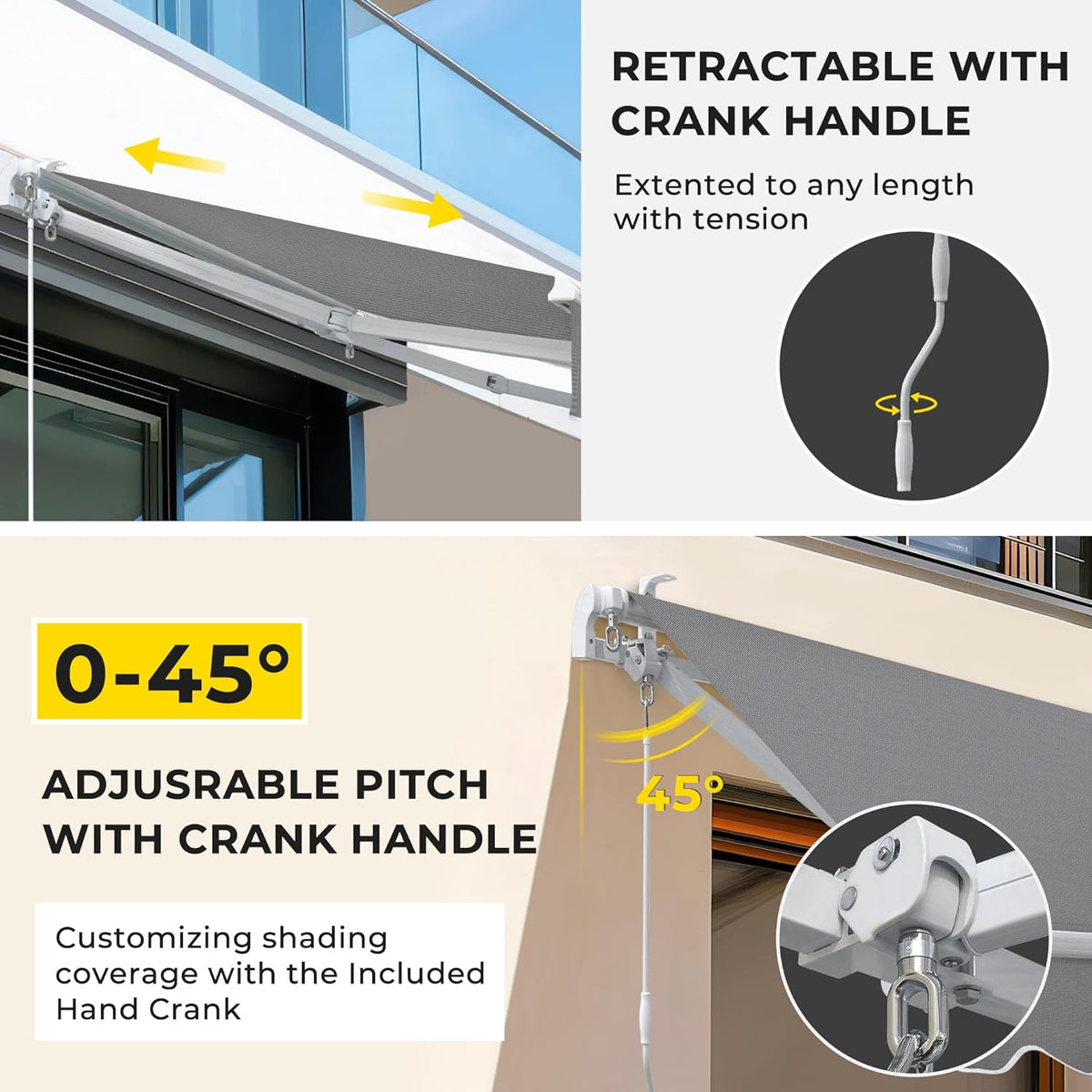 9.8'x8.2' Patio Awning Retractable Fully Assembled, Grey | Manual Sunshade Shelter Outdoor Deck Canopy Balcony Awning