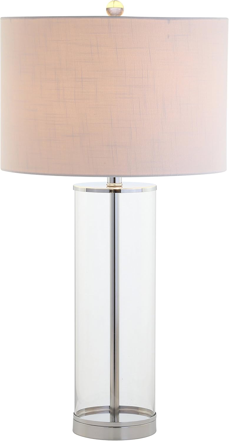 29" Clear/Chrome Modern Glass Table Lamp Bedroom, Minimalist Nightstand Bedside Lamp, White Linen Drum Shade