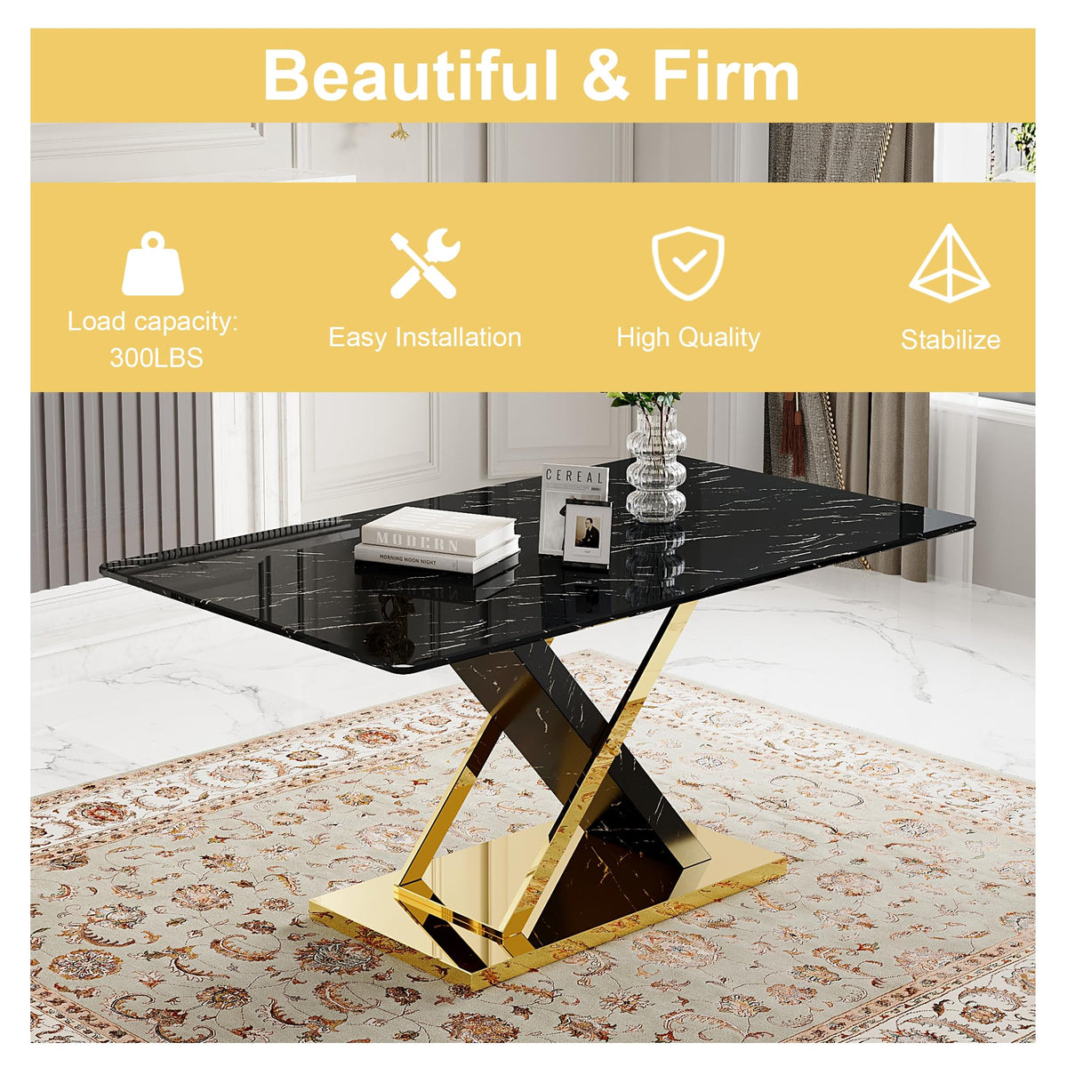 Marble Dining Table Set for 6, 63 in Black Rectangular Table with Gold X-Shaped Frame and 6 Grey Leather Dining
