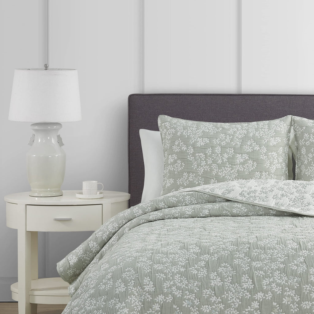 Annabella Floral Desert Sage Soft Matelasse Jacquard Quilt Set