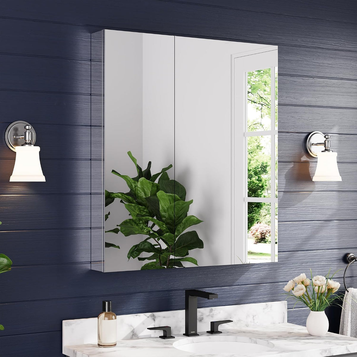 32" x 36" Medicine Cabinet with Mirror, Bathroom Mirror Cabinet | Anodized Chrome Aluminum Frame, Adjustable Shelves