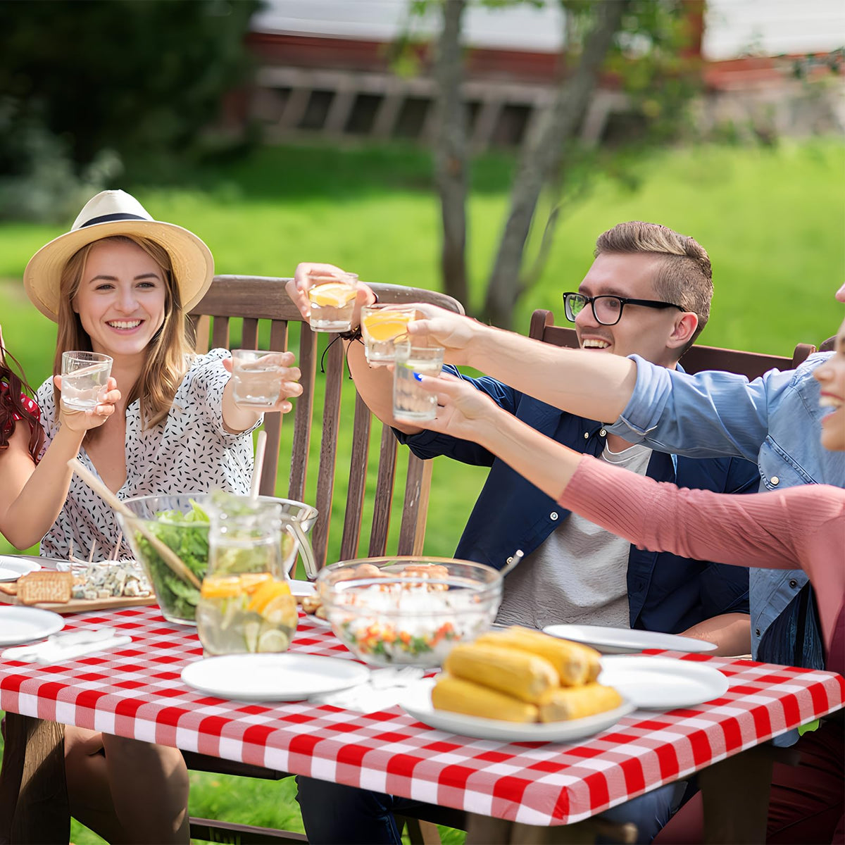 Buffalo Rectangle Picnic Tablecloth, 6 Foot Elastic Fitted Vinyl Table Cloth with Flannel Backing, Waterproof Plaid