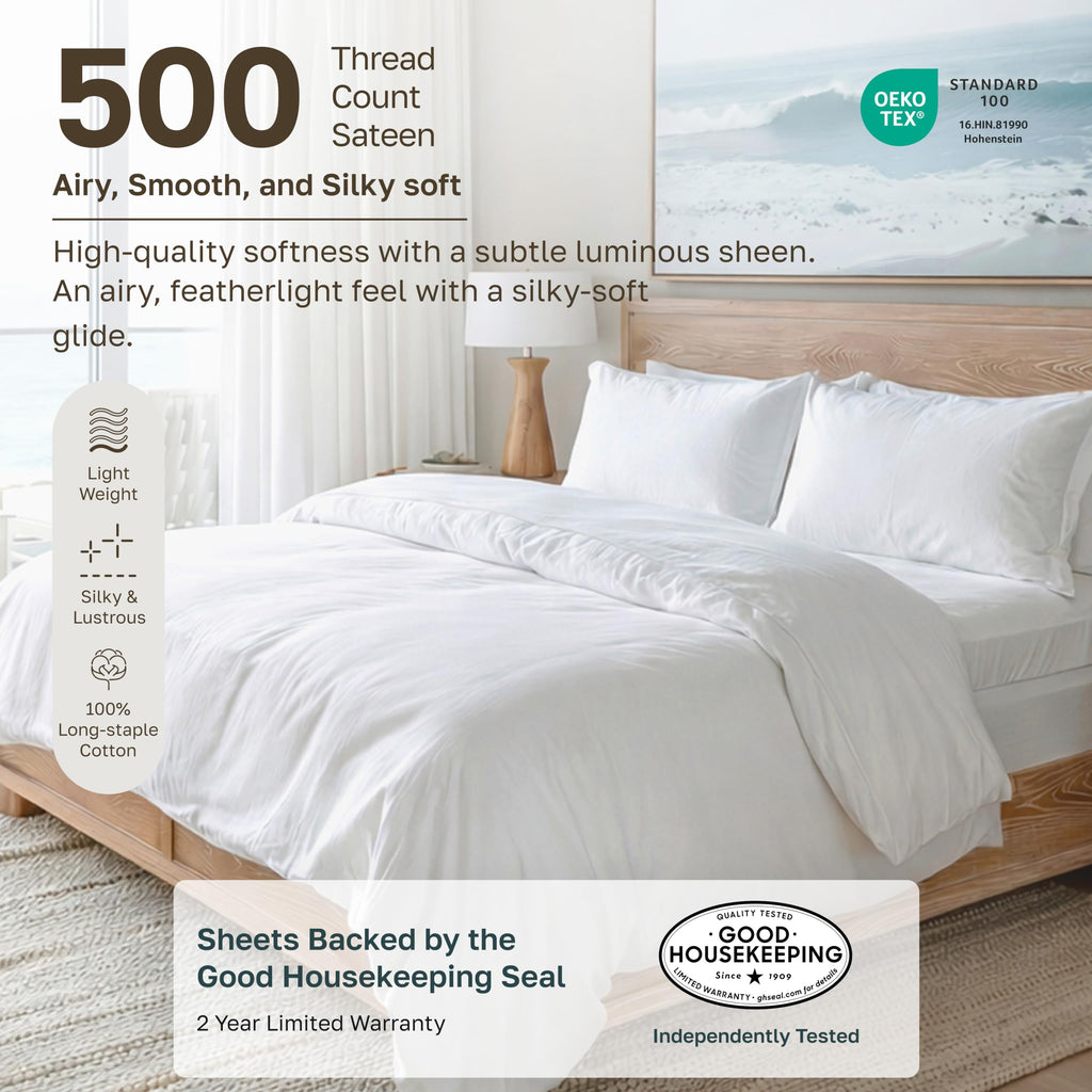 Softest 100% Cotton Sateen Sheets, 4 Pcs, White