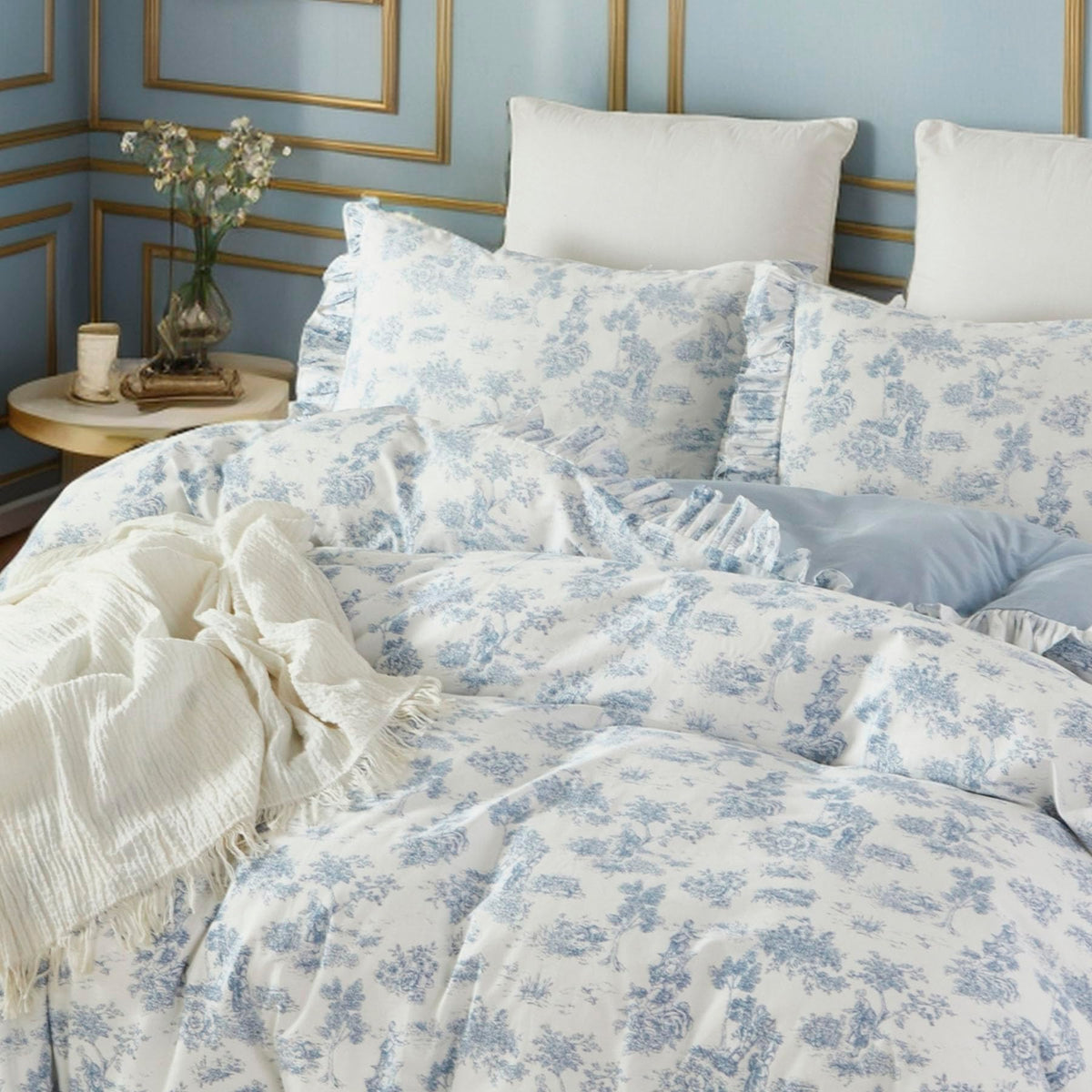 French Country Toile Queen Duvet Cover Set for Girl Women Bedroom Vintage Blue Toile Floral Print 100% Cotton Duvet