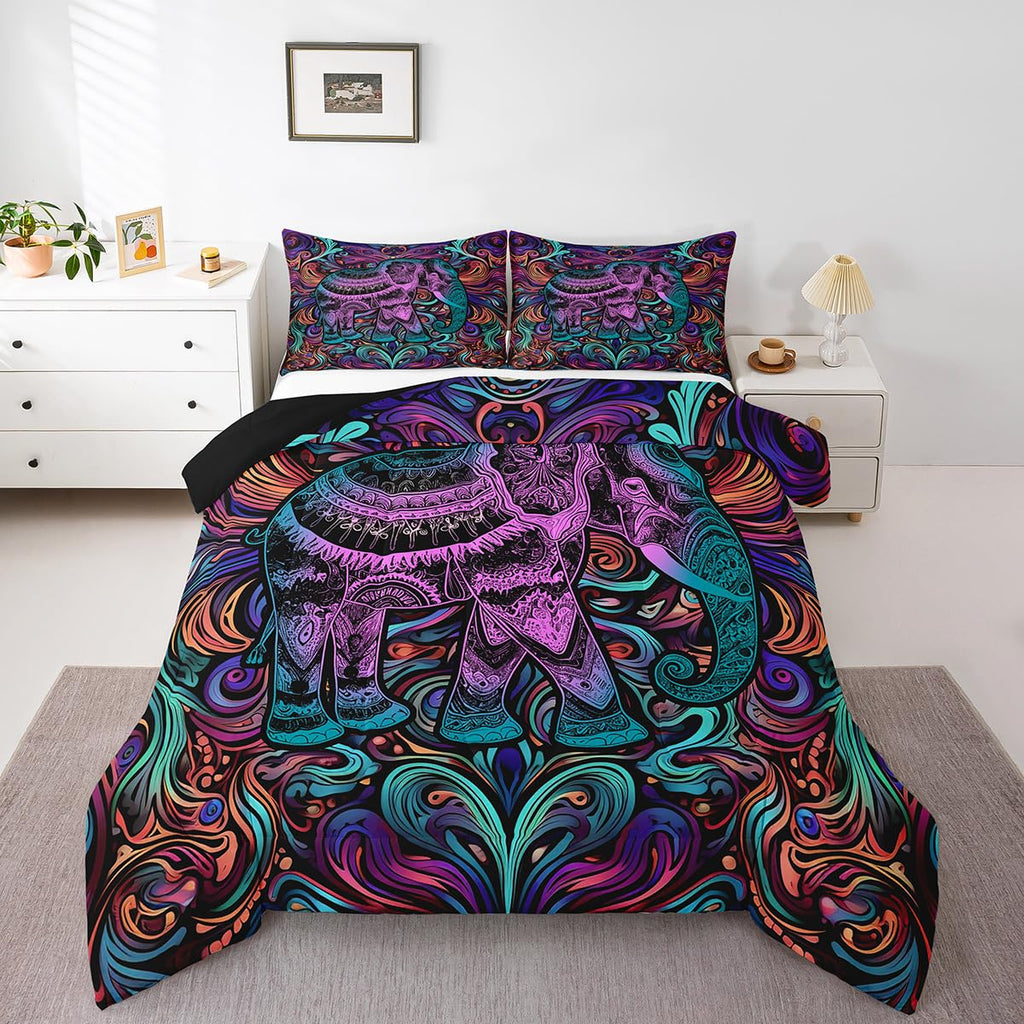 Elephant Comforter Set Full Size Safari Animal Bedding Set Neon Lines Bedding Comforter Sets Bohemian Paisley Duvet
