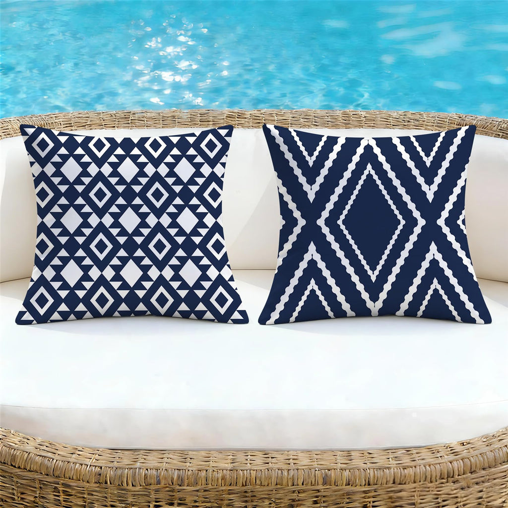 Outdoor Waterproof Pillow Covers 18x18 Set of 4 Navy Blue and White Modern Geometry Decorative Outdoor Throw Pillows