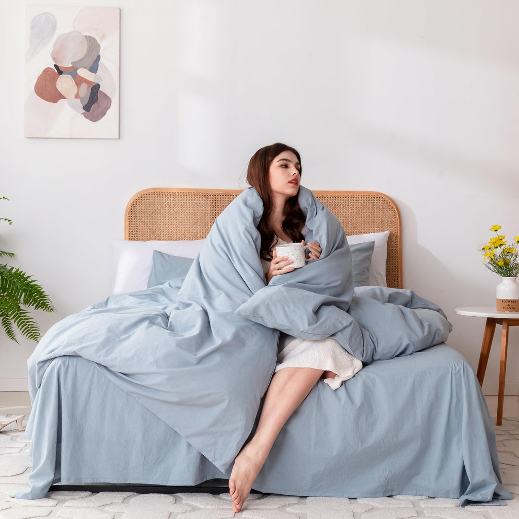 3 Piece Duvet Cover Set, 100% Organic Washed Cotton with Linen Feel Like Textured, Luxury Soft and