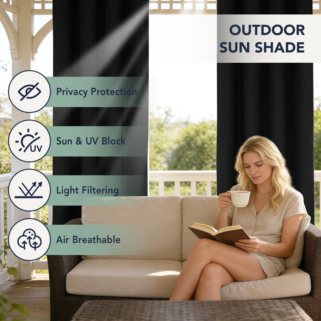 Black Outdoor Curtains Waterproof, 6 Drape Panels