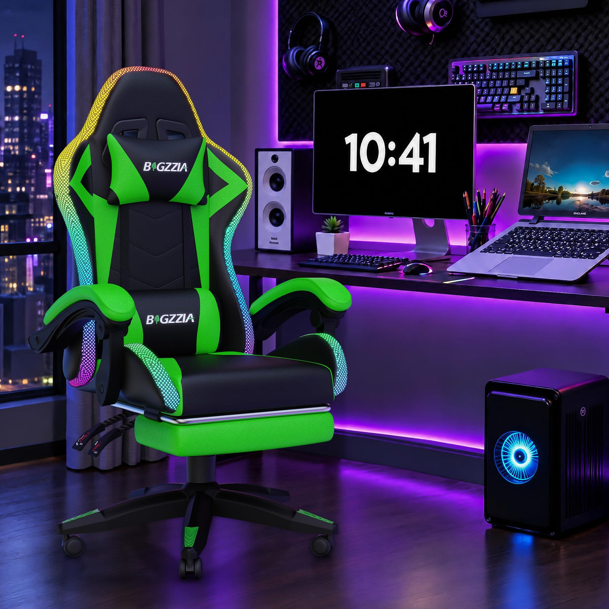 Gaming Chair with Massager & Speakers, LED Gamer Chair, Green