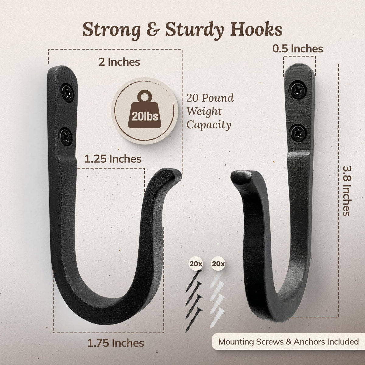 Railroad Spike Cast Iron Hooks (10 Pack) Two Mounting Holes for Greater Strength - Handmade Blacksmith, Wall Mounted