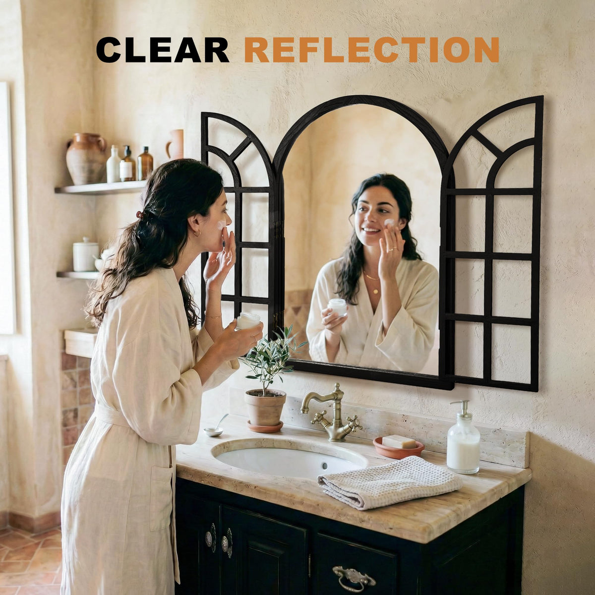 Arched Wall Mirror with Windowpane, 26"x38" Black Wood Mirror for Wall