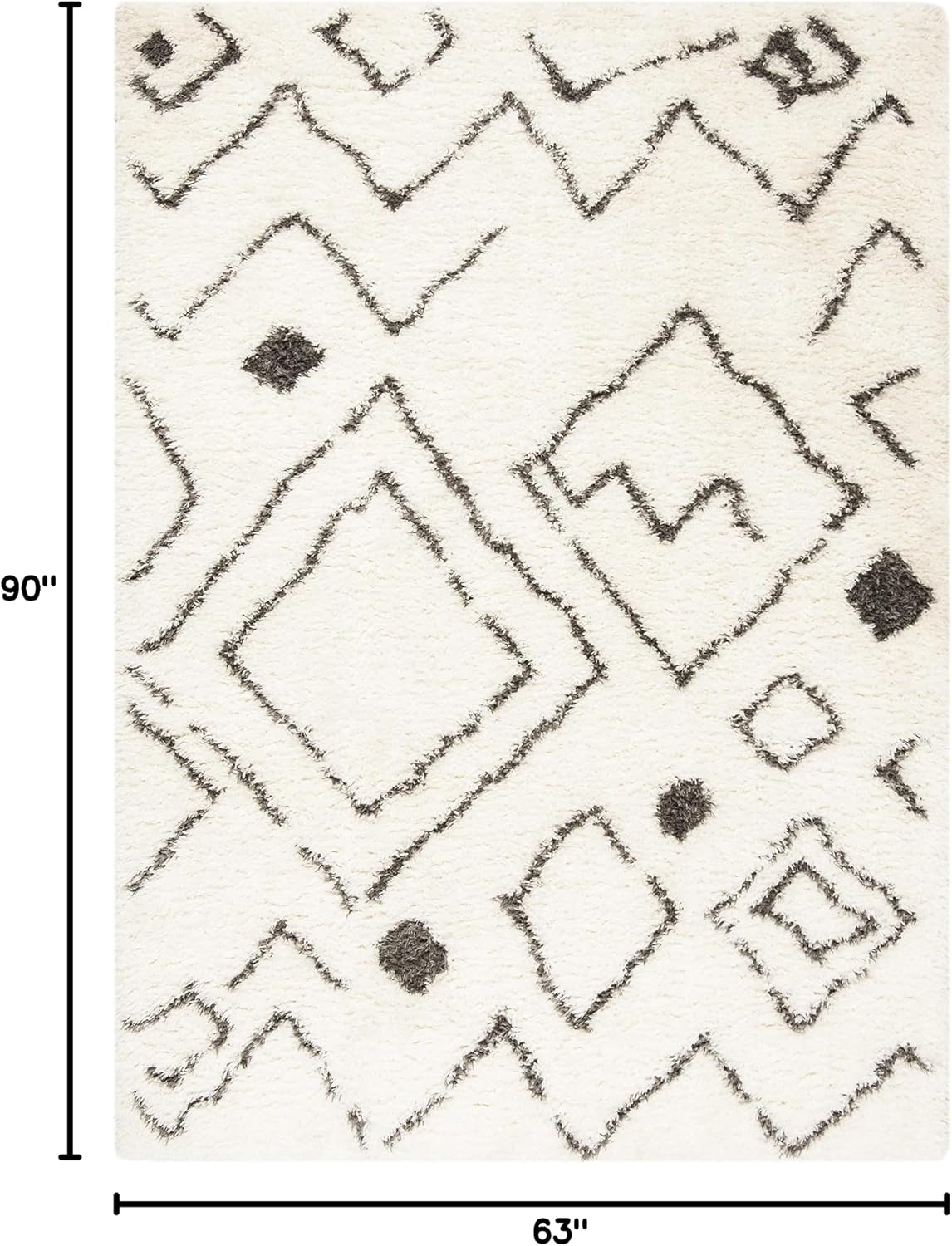 Flokati Shag Collection Area Rug, Ivory & Charcoal, Moroccan Design, Non-Shedding & Easy Care