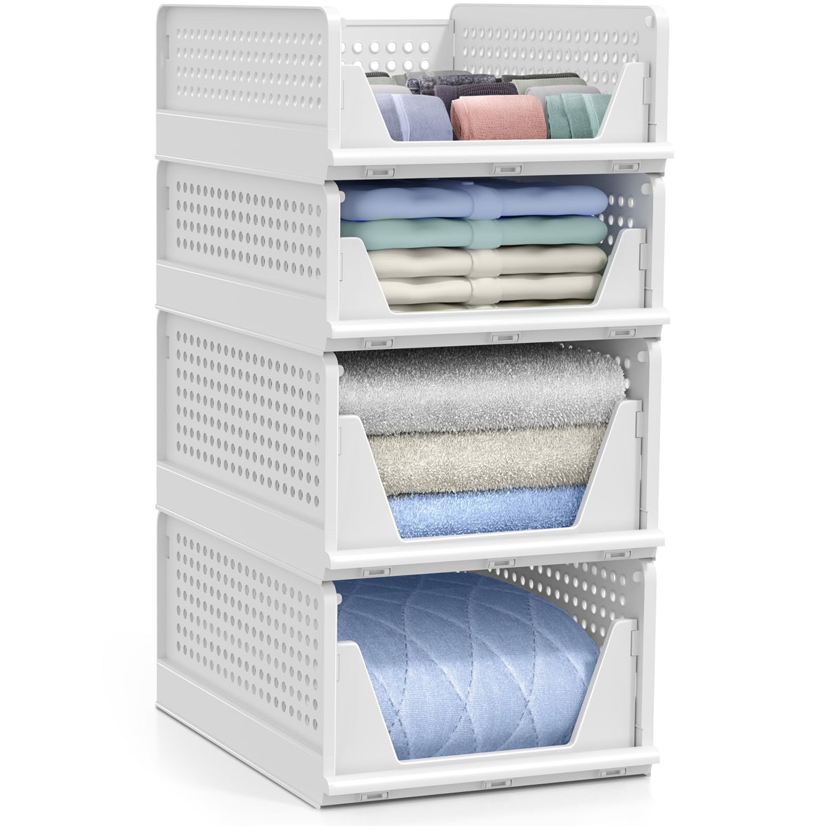 Stackable Closet Organizer, Open-Front Shelf Bins (2 Small 2 Medium)