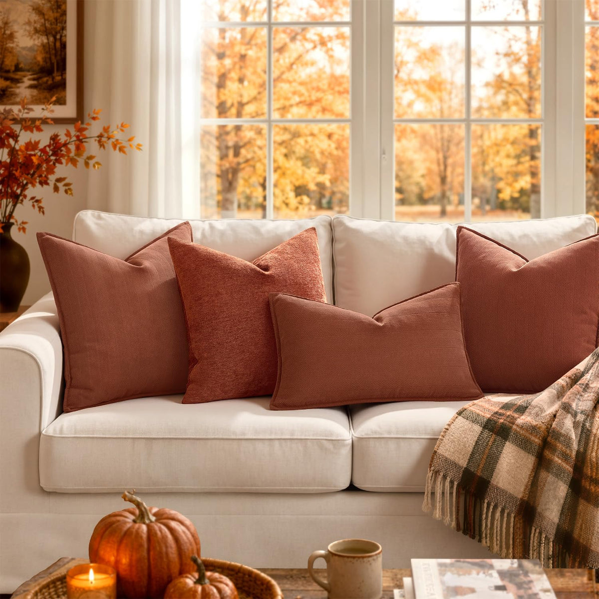 Pack of 2 Fall Burnt Orange Decorative Chenille Pillow Covers 18x18
