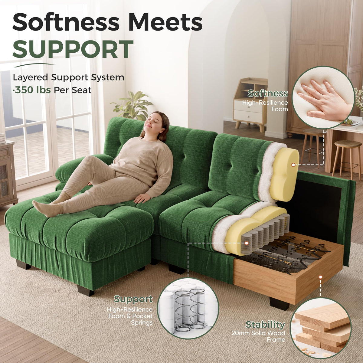 126" Extra Wide Modular Sectional Sofa, Comfy U-Shaped Cloud Couch w/ 2 Movable Ottoman, 5-Seater Chenille Deep Seat