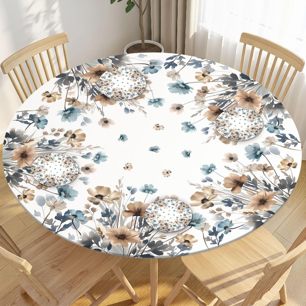 Floral Round Fitted Tablecloth with Elastic Edge Vintage Beige Blue Brown Wildflowers Leaf Table Cover for 44-48"
