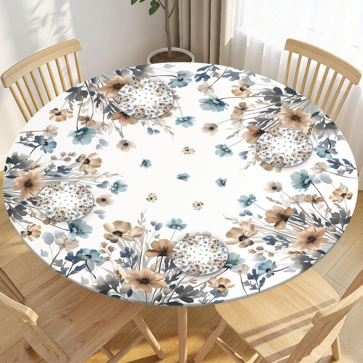 Floral Round Fitted Tablecloth with Elastic Edge Vintage Beige Blue Brown Wildflowers Leaf Table Cover for 44-48"