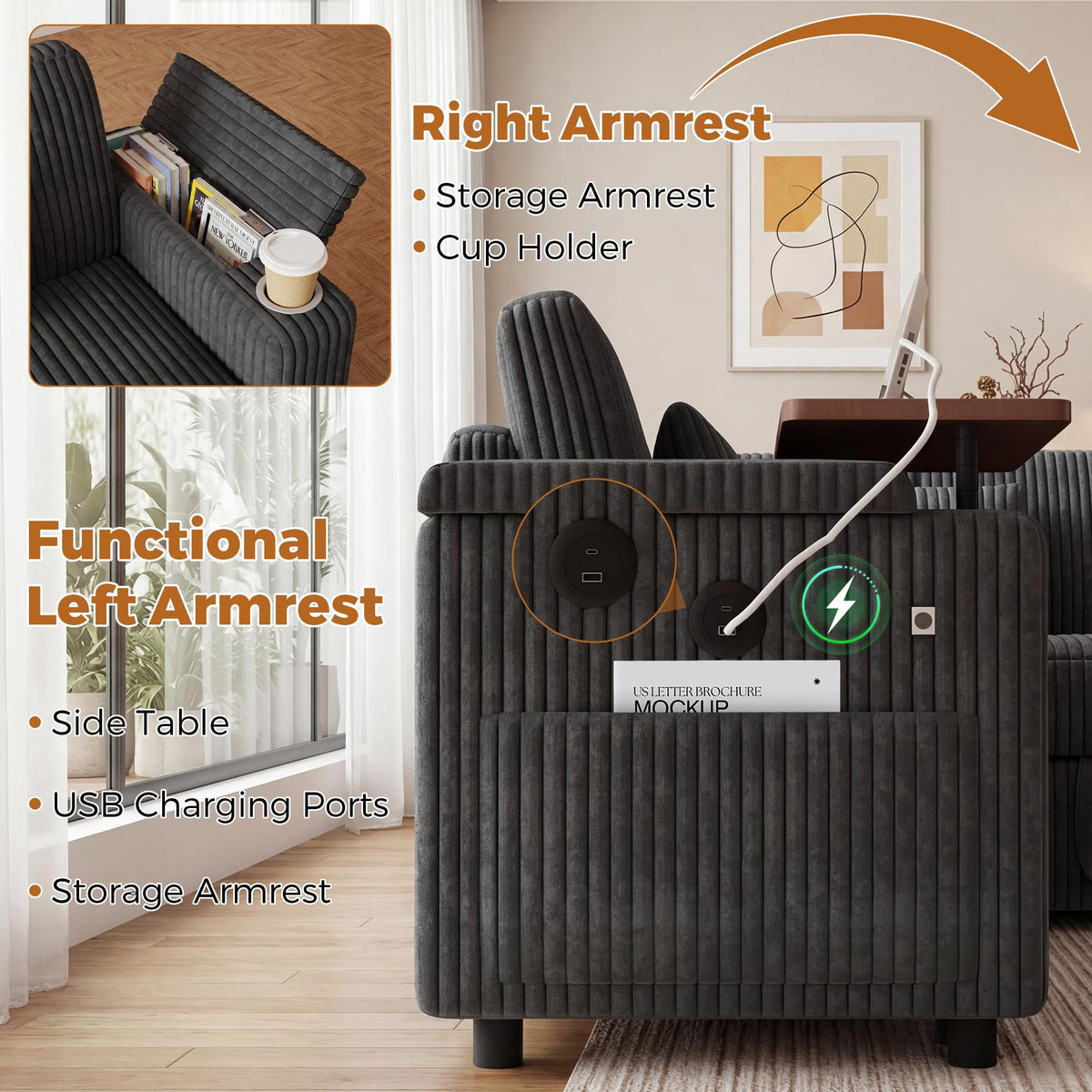 100" Modular Sectional Sleeper Sofa with Pull Out Bed/Side Table/USB Charging/Storage Chaise, U Shaped 7 Seat