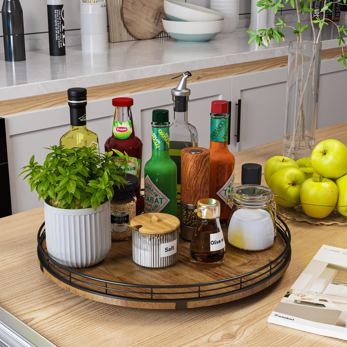 Farmhouse Oak Lazy Susan Organizer, Walnut Finish