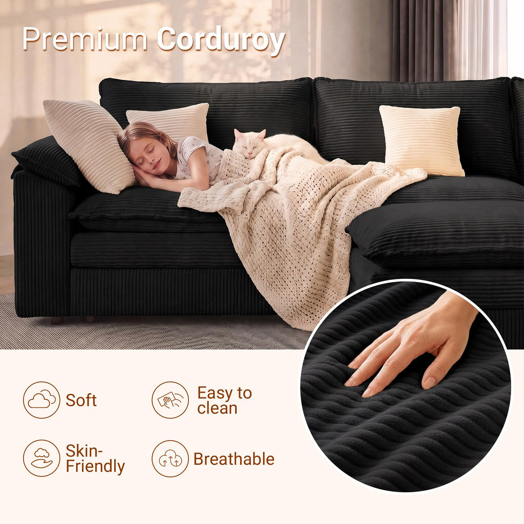 133" Modular Sectional Sofa, L-Shaped Cloud Couch with Ottoman, Black