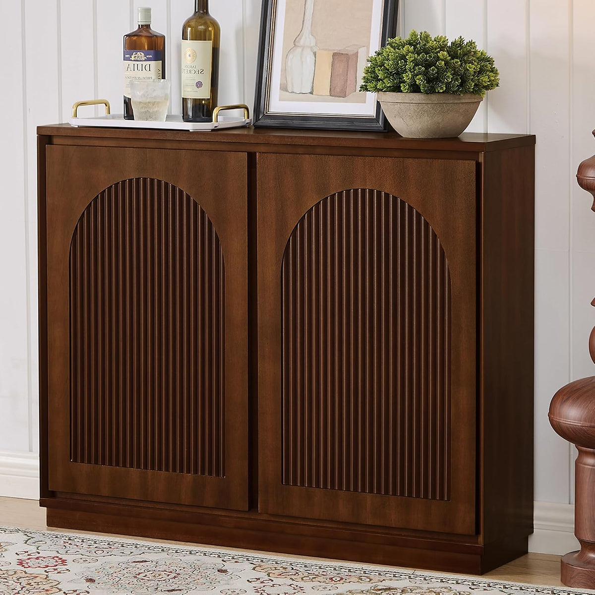 Real Walnut Veneer Sideboard Buffet,Narrow Entryway Storage Cabinet | Walnut Credenza Storage Cabinet,Thin Sideboard