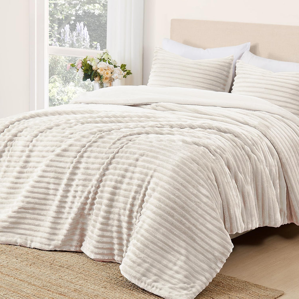 Cream White Fleece Queen Comforter Set - 3 Pieces Faux Fur Beige Comforter Queen, Soft Warm Fluffy Bedding Set