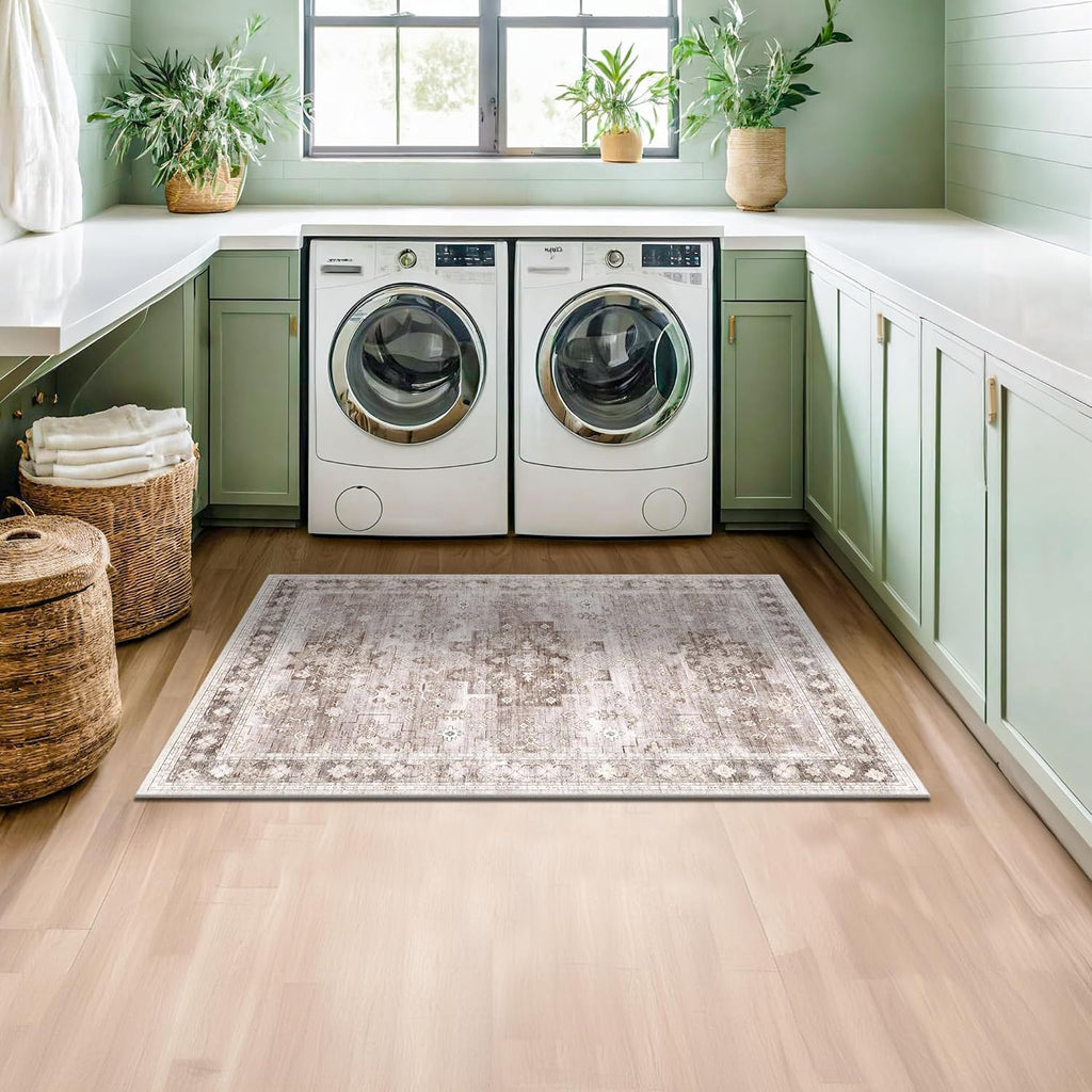 Washable Neutral Farmhouse Large Entryway Rug, Area Rugs, Laundry Room, Nursery Room, Boho Vintage Floral