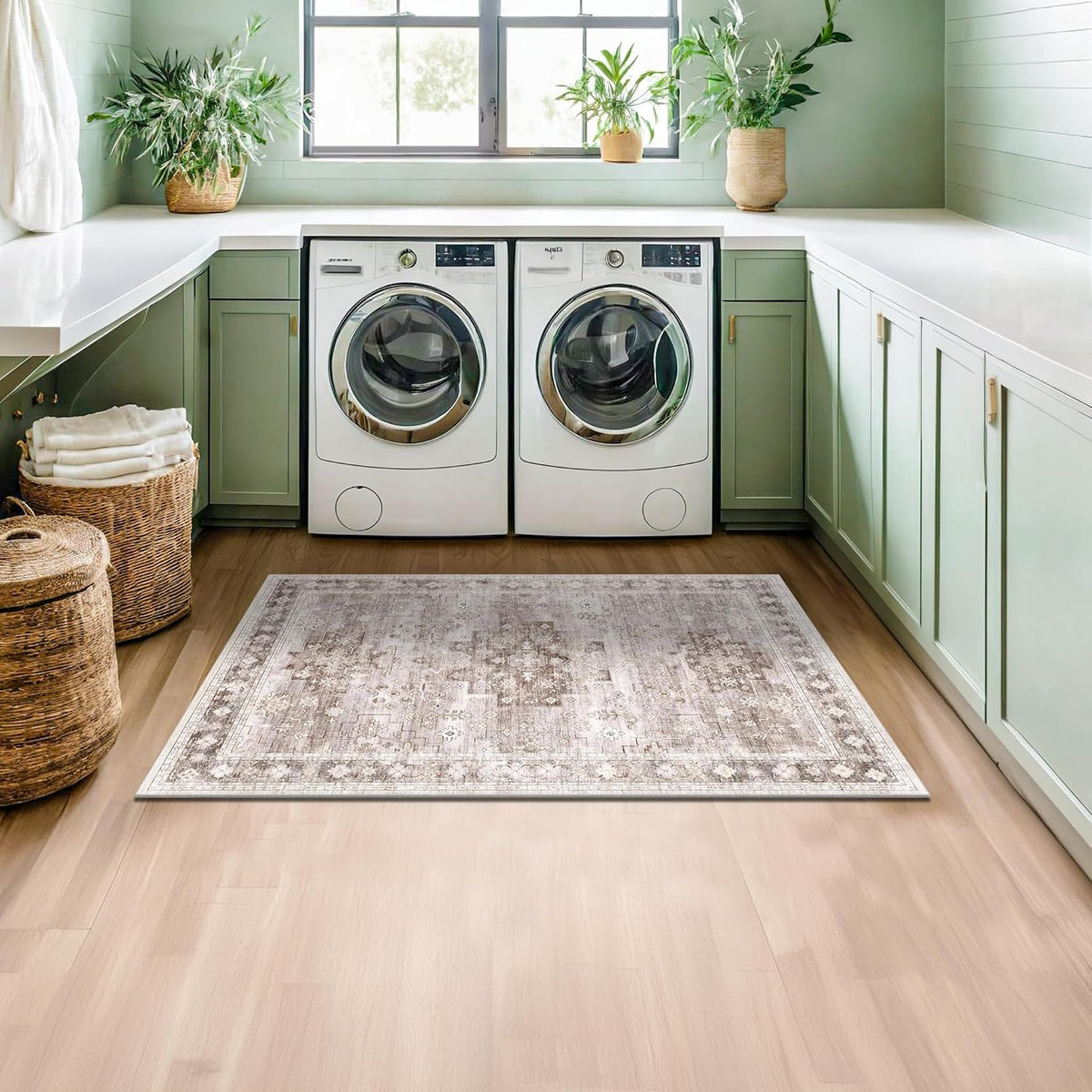 Washable Neutral Farmhouse Large Entryway Rug, Area Rugs, Laundry Room, Nursery Room, Boho Vintage Floral