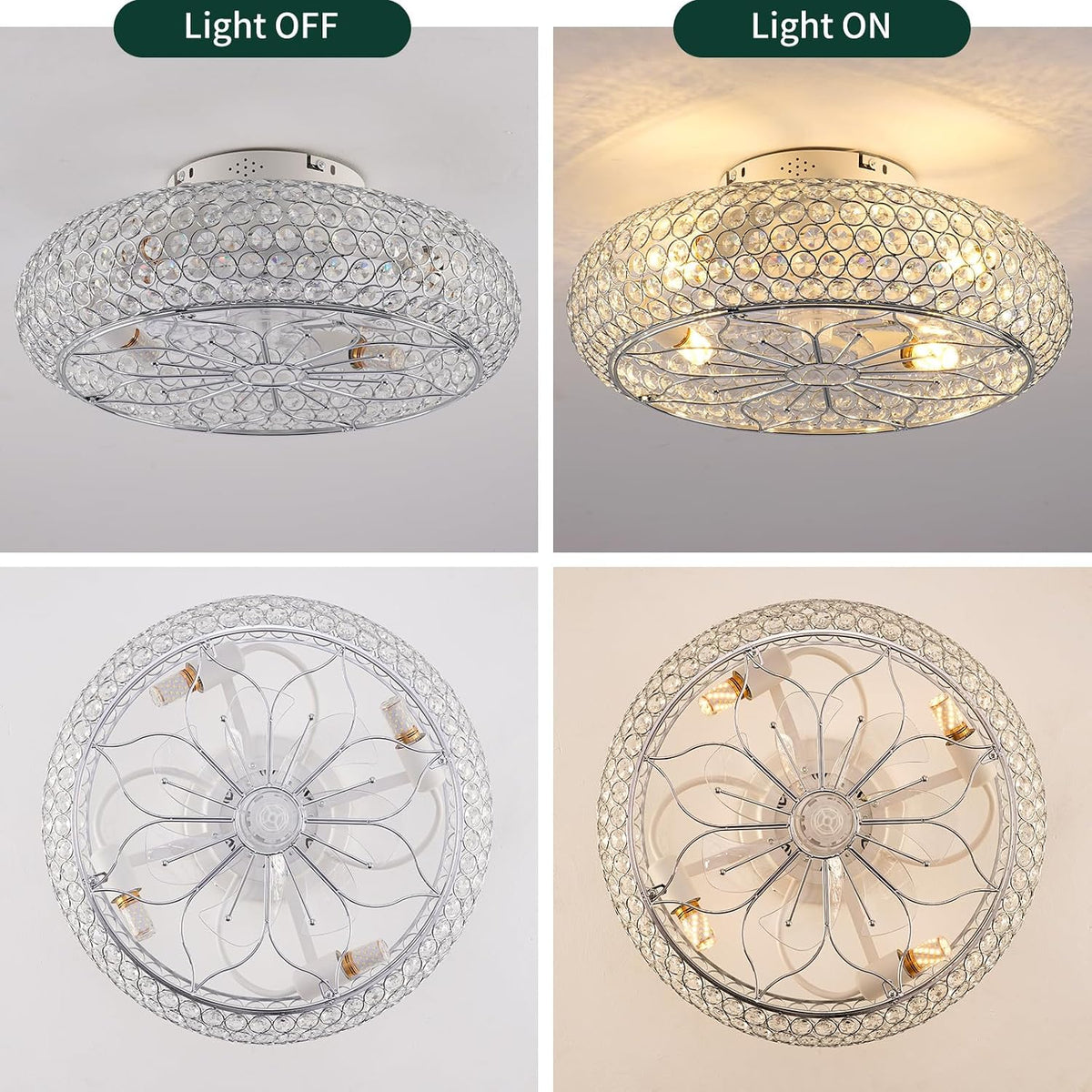 20" Flush Mount Caged Crystal Ceiling Fan with Light & Remote
