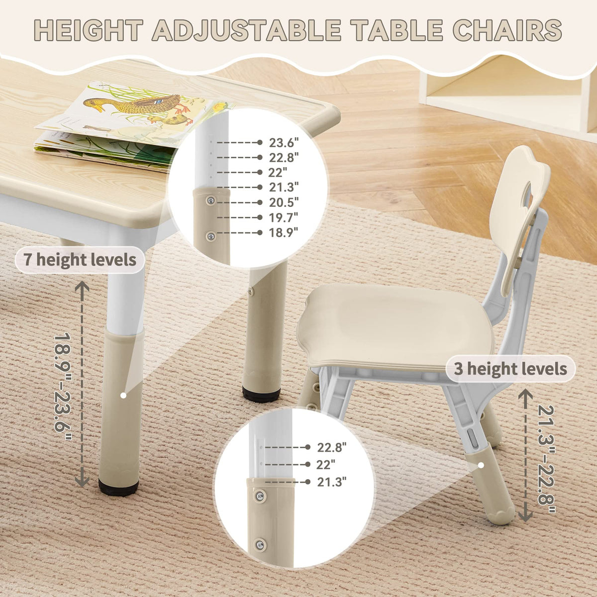 Kids Study Table and Chairs Set, Height Adjustable Toddler Table and Chair Set for Kids Ages 3-8, Graffiti Desktop