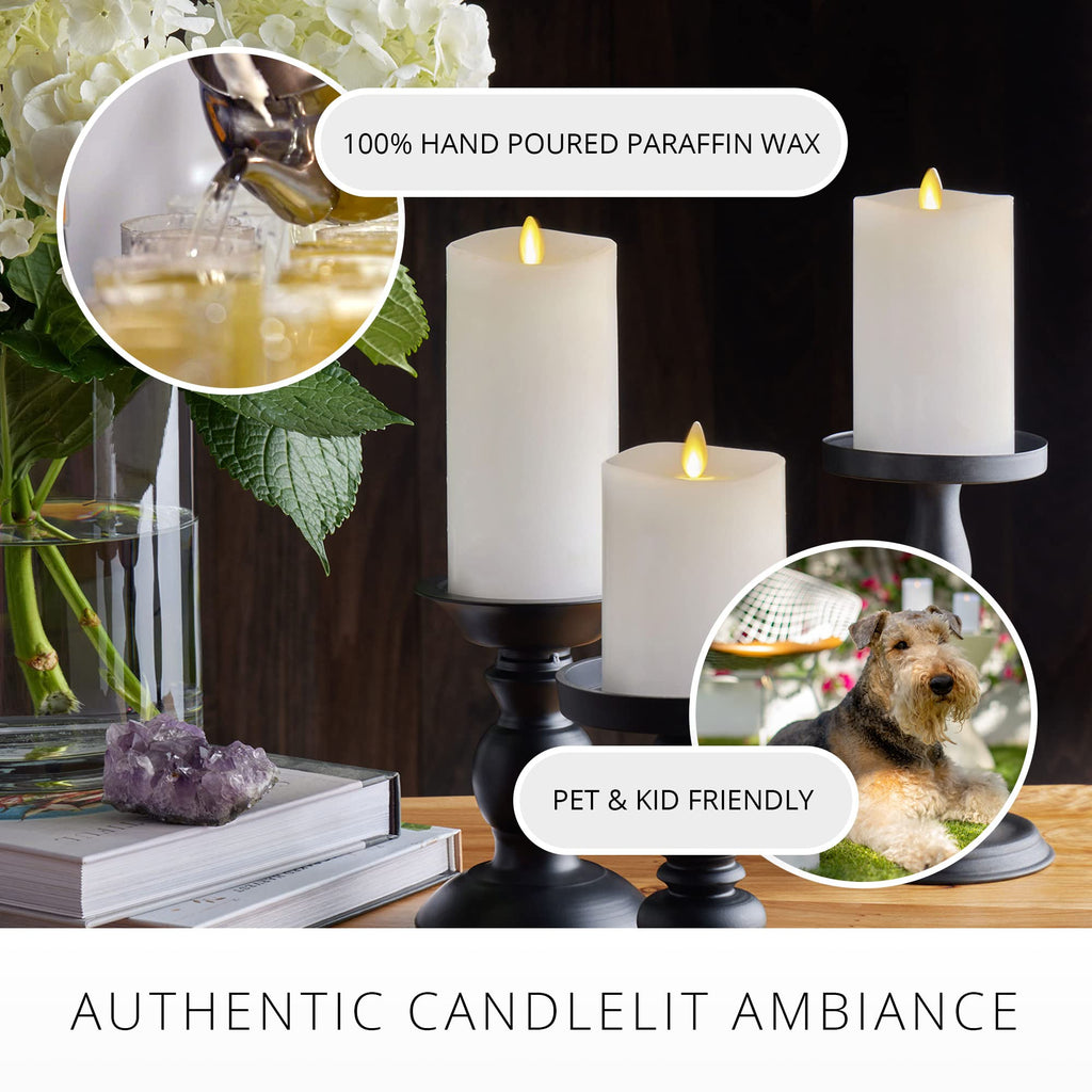 Realistic Flameless LED Candle White Set of 3, Battery Operated with Remote Control, Moving Flame Pillar Timer
