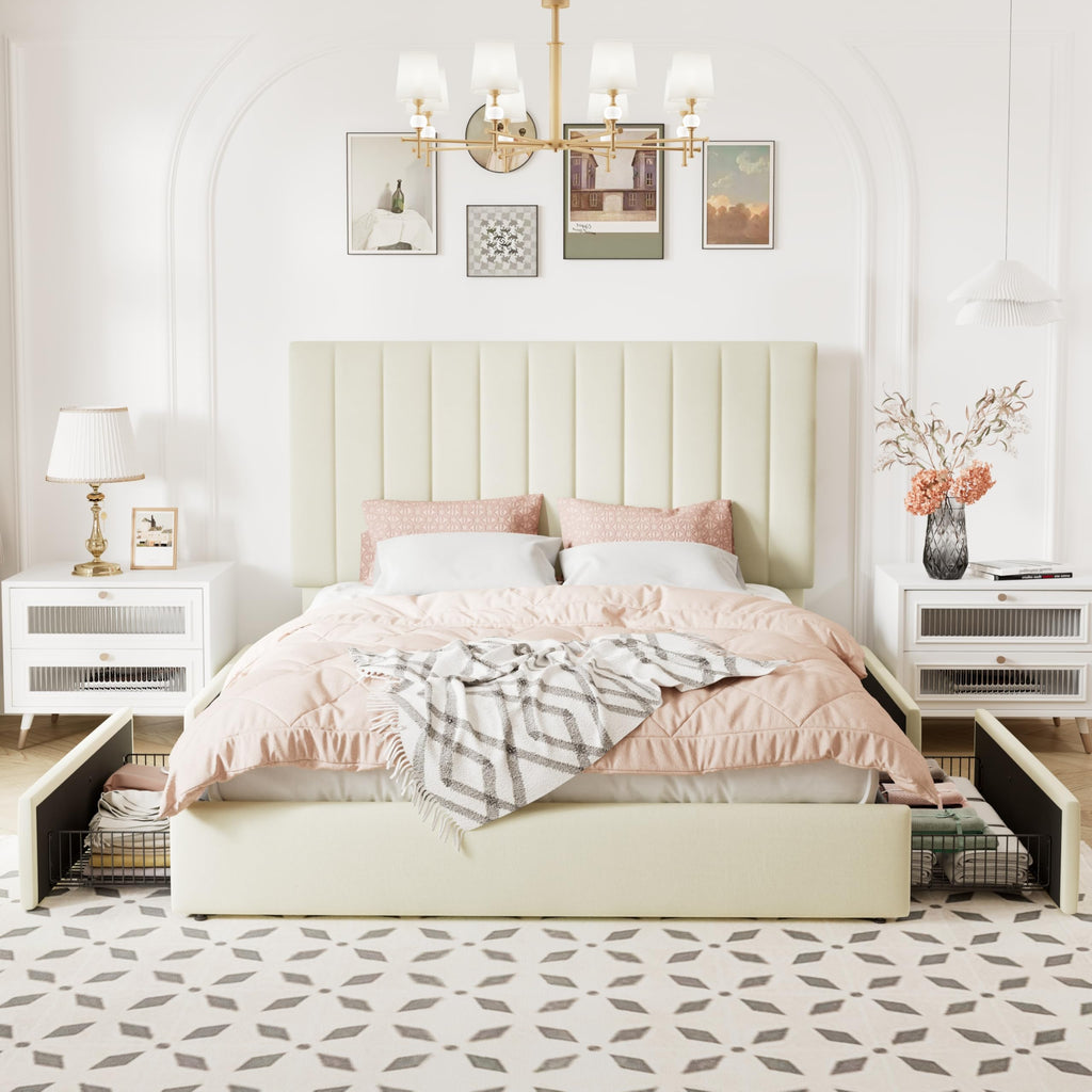 Full Size Storage Bed Frame, Vertical Channel Tufted Adjustable Headboard, Velvet Upholstered Platform Bed with 4
